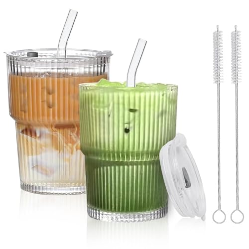2 Stück 450ml Glasbecher mit Deckel und Strohhalm, Smoothie Becher aus Glas, Eiskaffee Gläser, Luftdicht Wasserdicht Design Trinkbecher, Geriffelte Glasbecher für Saft Wasser Tee Milch