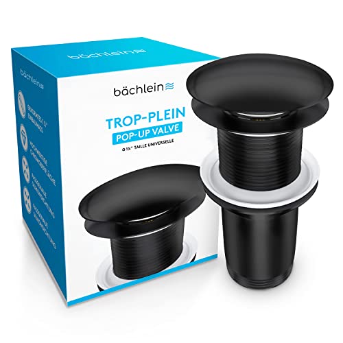 Bächlein Bonde Universelle sans Trop-Plein pour Lavabo et Évier – Valve Pop-up Noire Mate – 3 Joints pour Lavabos de Tous Genres Inclus, Valve d’Écoulement Bonde - Montage avec Mode d’Emploi
