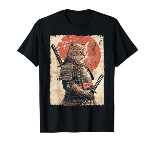 Samurai Cat Warrior Opera d'arte giapponese Ukiyo-e Cat Samurai Maglietta