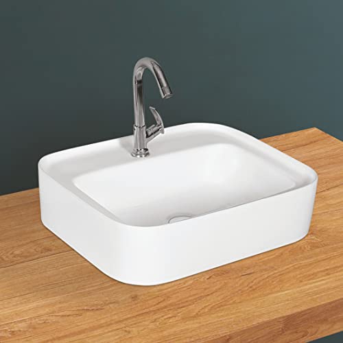 Kemjo Ceramic White Table Top Wash Basin with Accessories | 20.47 x 16.53 x 5.11 inch | WT-Titan