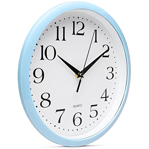 Image of Bernhard Products Light Blue Wall Clock Silent Non Ticking - 10 Inch Quality Quartz Battery Operated Round Easy to Read Home /Kitchen /Office /Classroom /School Clock