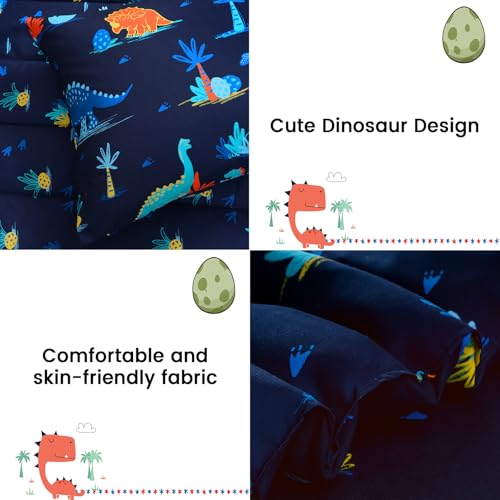Image of david's kids 5 Piece Twin Comforter Set - Soft Breathable Bedding Twin Set for Boys Girls, Includes Quilted Comforter, Flat Sheet, Fitted Sheet, Pillowcase and Pillowsham, Dinosaur Navy