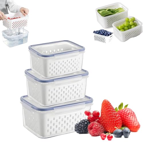 QUROXO 3Pack Fruit Storage Containers for Fridge with Removable Colander, 4 in 1 Food Storage Container, Leakproof Fridge Organizer Bins for Salad Berry Lettuce Meat Keep Fresh (Blue, S+M+L)