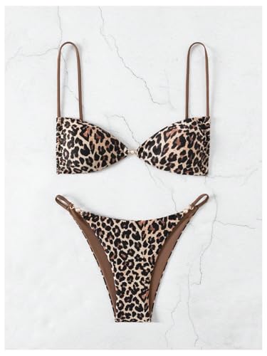 MakeMeChic Women's Cheetah Print Thong Bikini Sets High Cut Leopard Bathing Suit Swimsuit4