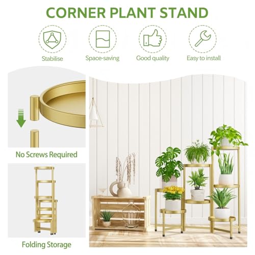 Image of iDavosic.ly 7 Tier Large Plant Stand Indoor, 10 Inch Wide Tall Corner Metal Plant Stands Outdoor for Multiple Plants, Folding Tiered Flower Display Holder Rack Shelf, Gold
