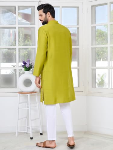 Image of See Designs Men's Full Sleeve Mandarin Collar Ethnic Motifs Embroidered Sequinned Mandarin Collar Straight Long Kurta with Pyjama - Festive Collection