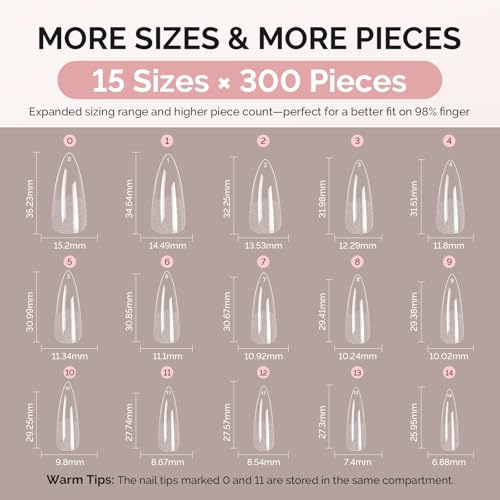 Image of MelodySusie Long Almond Stiletto X Nail Tips - 300Pcs 15 Sizes Clear Acrylic, Half Matte Full Cover Press on Nails for DIY Extension & Salon Use,Pre-Shaped for Long-Lasting Manicure