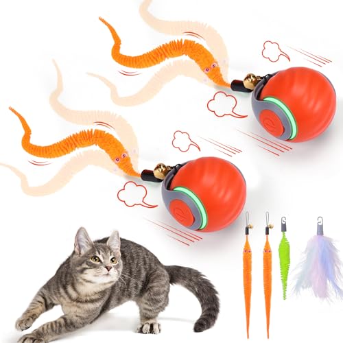 Image of BABORUI 2Pack Orange Interactive Cat Toy Ball - Automatic Interactive Cat Toys for Indoor Cats with 3 Tails, 2 Speeds Rechargeable Enrichment for Small /Medium /Large to Keep Them Busy