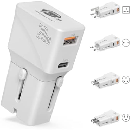 TechEye White Travel Adapter Worldwide – USB-C + QC3.0 Dual Port, 20W Fast Charging Plug for iPhone 15/14/13/12, Samsung S24/23, Fold, Note20 & More – Slim, Smart, and Portable