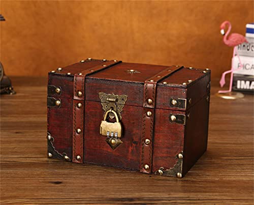 MVSR Vintage Storage Box Wooden Treasure Chest Small Pirate Chest Antique Style jewellery Organizer Handmade Decorative Boxes with Lid and Metal Lock (Password - 22x15x13.5cm)
