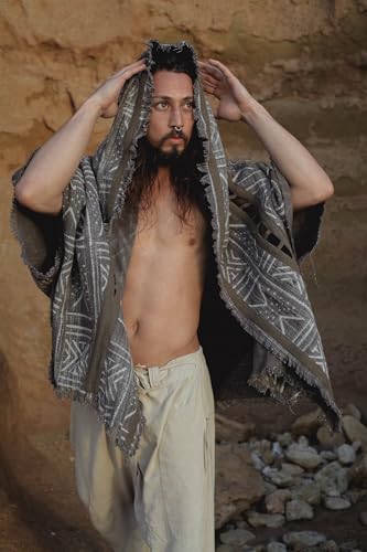 AJJAYA WIZARD Mens Hooded Kimono Vest Grey Tribal Pattern Alchemist Sorcerer Ritual Ceremony Festival Magic Primitive Boho3