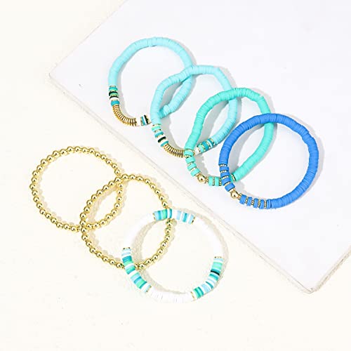 Dimishin Heishi Bracelet For Women Clay Bead Bracelet Stackable Beaded Stretch Bracelet Elastic Layered Colorful Beaded Bracelet Set (Blue 7Pc) #TOP5