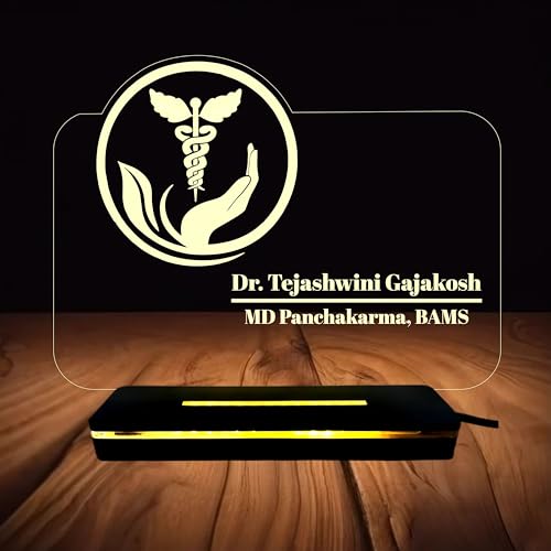 Image of PRINTKART Doctors Name and Designation Personalised LED 3D Illusion Lamp Gift for Doctor Laser Cut Acrylic Transparent with Wooden Base 7 x 5 Inches Ayurvedic Doctor