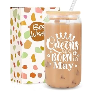 Birthday Gifts for Women, Funny Happy Birthday Glass Cup Tumbler for her, Girlfriend, Friends, Wife, Mom, Bestie, Daughter, Sister, 18oz Unique Can Glass with Straw & Lid, Queens are Born in May