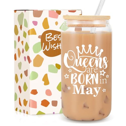Birthday Gifts for Women, Funny Happy Birthday Glass Cup Tumbler for her, Girlfriend, Friends, Wife, Mom, Bestie, Daughter, Sister, 18oz Unique Can Glass with Straw & Lid, Queens are Born in May