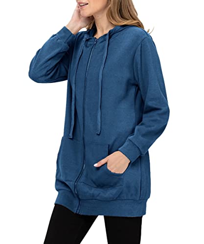 Women's Full Zip Up Long Fuzzy Fleece Hoodie Jacket Sweatshirt Open Front Cardigan Coat Navy Blue #TOP3