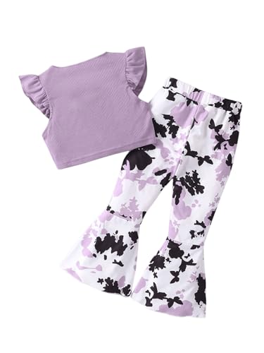Image of Floerns Girl's 2 Piece Outfit Twist Front V Neck Tee Shirt Flare Leg Pants Set