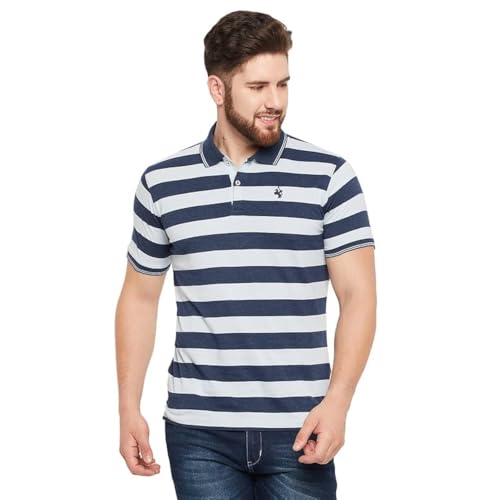 Image of Cantabil T-Shirt for Men l Breathable & Soft with Color Fastness Regular Fit Polo Neck Cotton Blend Fabric Striped Pattern