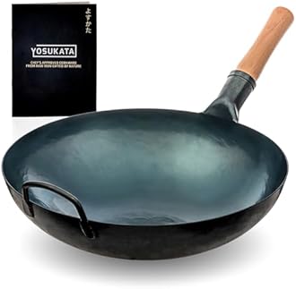 YOSUKATA Blue Round Bottom Wok - 14" Wok Stir Fry Pan - Chinese Beamed Meat Wok - Traditional Chinese Wok - Blue Steel Wok (14", Blue)