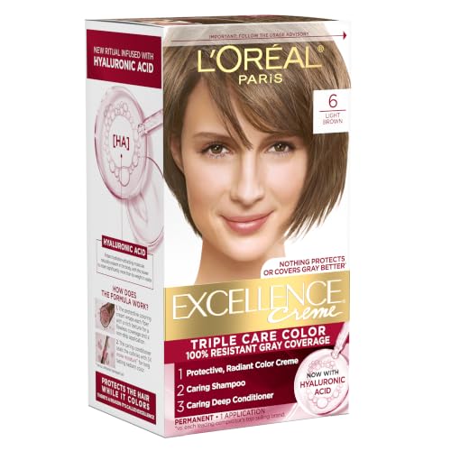 L’Oreal Paris Excellence Crème Permanent Hair Dye, Triple Care Hair Color with Hyaluronic Acid for 100% Gray Coverage, 6 Light Brown, 1 Kit (Packaging May Vary)