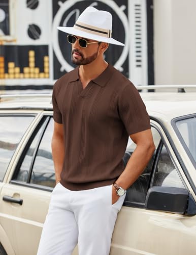 Image of COOFANDY Mens Knit Polo Shirts V Neck Textured Polo Shirts Short Sleeve Breathable Polo Casual Collared T Shirt Fashion Tops