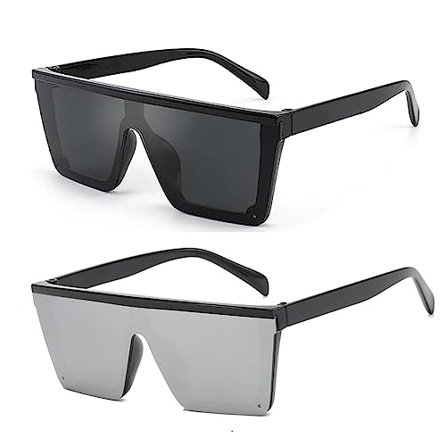 FOURCHEN Square Oversized Sunglasses for girls boys, Fashion Flat Top Big Frame Shades Sunglasses for kids (black+whitesilver)