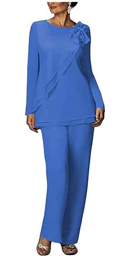 Leader of the Beauty Women's Two Pieces Outfit Wedding Formal Gowns Chiffon Pants Suits for Mother of The Bride Plus Size 16 Blue