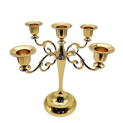 5-Arm Gold Metal Candelabra Centerpiece, European-Style Candle Holder for Wedding, Party & Home Decor, Elegant Candle Stand for Tables and Events (Gold)