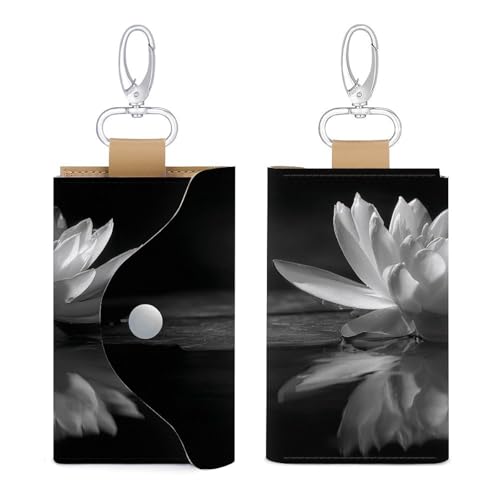 Black And White Water Lily Key Holder Bag PU Leather ID Card Holder Keychains Case Cover for Men Women3