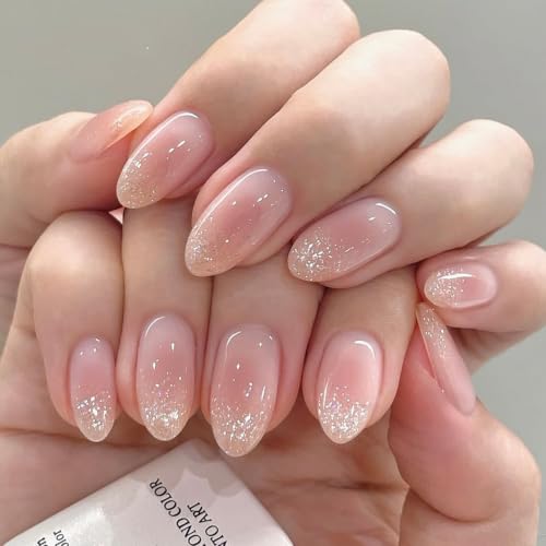 Image of Press on Nails Almond Nude Pink Gradient Fake Nails Glitter French Tip Nail | Glossy False Nail with Design Medium Length Stick on Nail for Women Reusable Artificial Nails for Daily 24Pcs