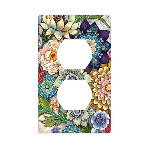 Boho Floral Botanical Mandala Decorative Outlet Cover Single Duplex Light Switch Plate Cover Electricity Receptacles Plates For Home Kitchen Living Bedroom 4.5 * 2.76