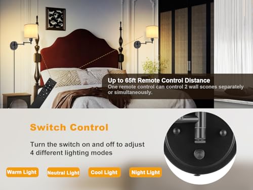 Image of Plug in Wall Sconces with Remote Control, Dimming 10%-100% & Adjustable Colors 2700K-6500K, Hardwire or Plug-in, Swing Arm Wall Lamp with White Fabric Shade, Wall Sconces Set of Two, Black Finish
