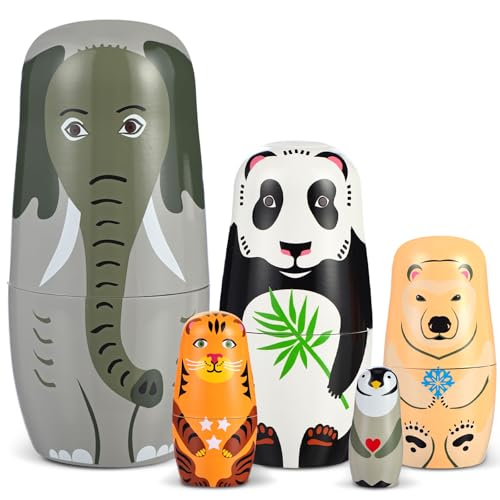 Gejoy Russian Nesting Dolls for Kids Handmade Matryoshka Wooden Stacking Toys Nesting Dolls Collectible Gifts for Winter Christmas Holiday Present Boys Girls Adults Home Decor(Elephant Animal)