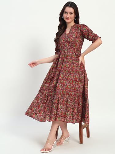 Image of Women's Fit and Flare Dress I Pure Cotton Long Summer Maxi Dress I V-Neck I Casual Wear I Printed Kalamkari Floral Middi