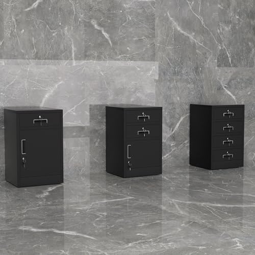 JINGUR Aufbewahrungsschrank aus Metall mit verriegelbarer Tür und Schublade, abschließbare Schubladenkommode mit verstellbarem Einlegeboden für Zuhause, Büro, Schlafzimmer, Wohnzimmer (schwarz)