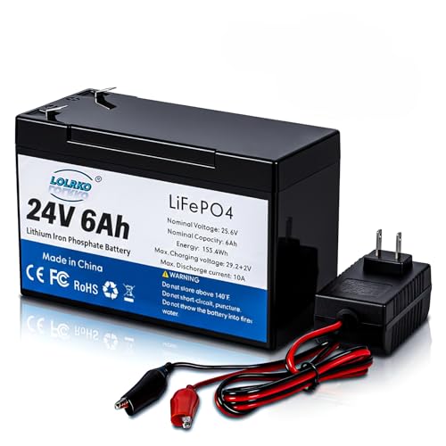 LOLRKO 24V LiFePO4 Battery 6Ah, Deep Cycle Lithium Iron Phosphate Battery Pack with Charger, Lightweight 24 Volt Rechargeable Battery for Power Wheels, Ride-On Toys, Scooters, Solar and Backup Use