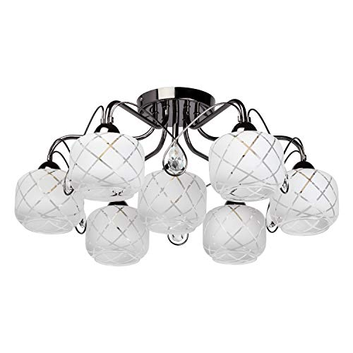 Plafoniera Elegante e Moderna, 7 bracci, color nickel, vetro bianco opaco, alto 25 cm, diametro 60 cm, per soggiorno, camera da letto, sala da pranzo, corridoio, richiede 7 lampadine da 60W E14 (non incluse)