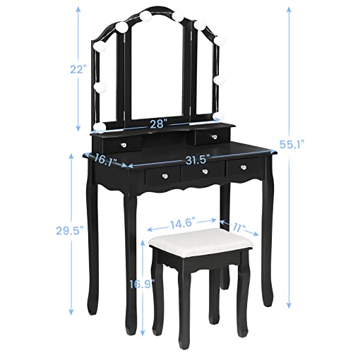 Tiptiper Vanity Desk, Makeup Vanity with Lighted Tri-fold Mirror and Stool, Vanity Set with 5 Drawers, 3 Light Settings & Adjustable Brightness, Black - Thumbnail 7