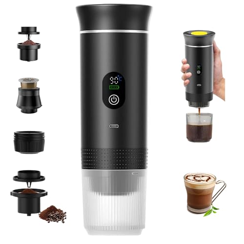 Portable Espresso Machine, Travel Coffee Maker, 3-in-1 Car Coffee Maker, Portable Electric Espresso Machine, Compatible with Big Capsule, Small Capsule and Coffee Powder, for RV, Hiking, Office Black