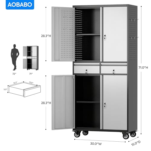 Image of Aobabo 71 inch H 2 Drawer Metal Storage Cabinet with Wheels and 4 Pegboards,Lockable Steel Garage Storage Cabinet with 2 Adjustable Shelves,Black Sliver,Assembly Required