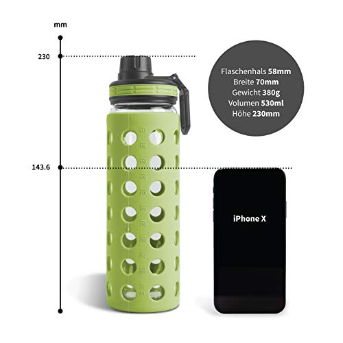 hydro2go Glas-Trinkflasche 550 ml mit Silikonhülle und 2 Deckeln, BPA-frei – Ansicht 4