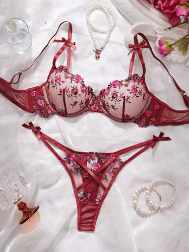 Image of Lilosy Sexy Underwire Cute Push Up Strappy Embroidered Mesh Sheer Lingerie Set See Through Panty Bra