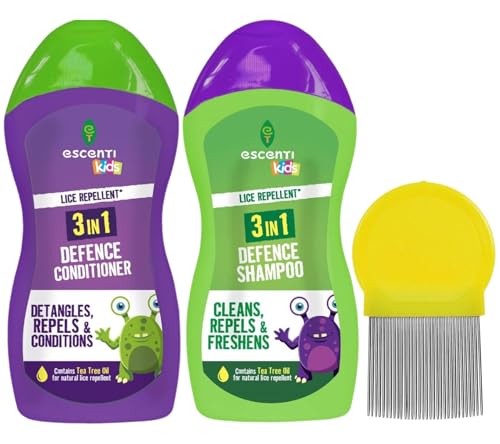 Escenti Kids 3 in1 Head Lice Prevention Shampoo and Conditioner set bundled with Metal tooth Nit Comb