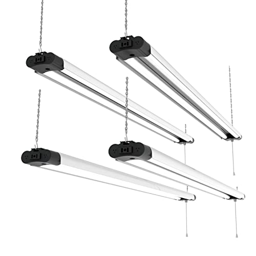 4-Pack 4ft Linkable LED Shop Light, 240W Eqv Linkable Hanging Light Fixture for Garage, Basement, Plug in with Pull Chain ON/Off, Connects up to 6 Fixtures, 4200lm, 5000K Daylight White - ETL Listed