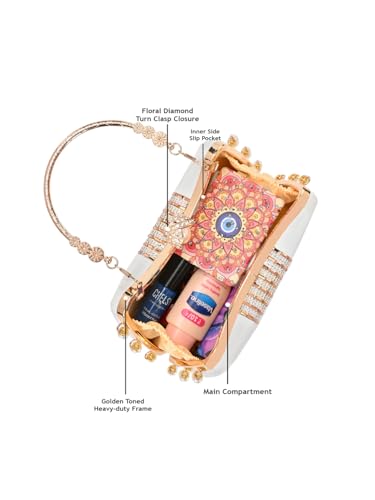Image of TOOBA Handicraft Women's Beautiful Bling Box Clutch Bag | Evening Bag, Bridal Purse & Party Handbag | Wedding & Special Occasion Clutch (Chatai Side Pearl)