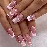 Medium Press on Nails Square Glue on Nail Light Pink French Fake Nails 3D Rhinestones Acrylic Nails Heart False Nails Cute & Reusable Stick on Nail for Women 24 Pcs