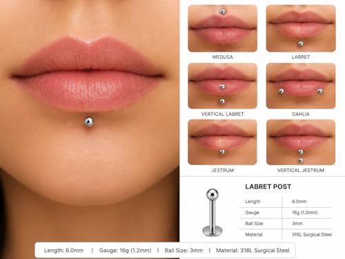 Image of Monster Piercing G23 Titanium Labret Stud, Internally Threaded, Plain Ball Top, Flat Back, 16G, 6mm /8mm /10mm - Sold as single piece