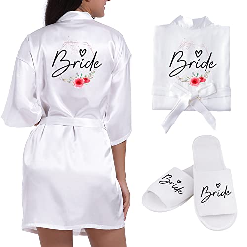 BETESSIN Bata Novia Pijama Boda Mujer Albornoces Satén+Zapatilla Novia para Boda Vestido Ropa de Dormir Ducha con Palabra Bordada