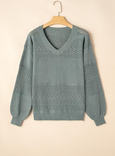 Image of SHEWIN Women's Sweaters Casual Long Sleeve V Neck Crewneck Lightweight Crochet Pullover Sweater Tops