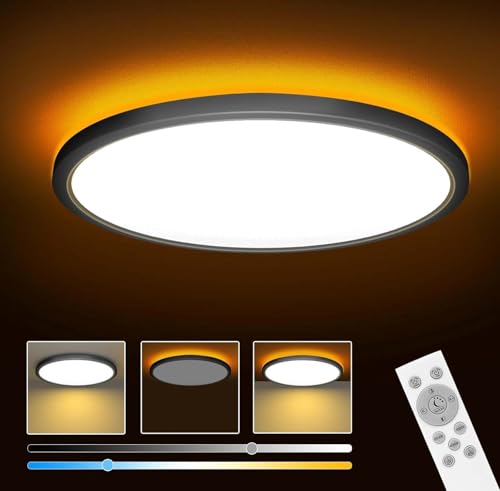Image of 12 inch Dimmable LED Ceiling Light with Remote Control, 24 W 3-Color Ceiling Light with Dim Night Light 1800k Warm, Round Flush LED Ceiling Lights (Black)